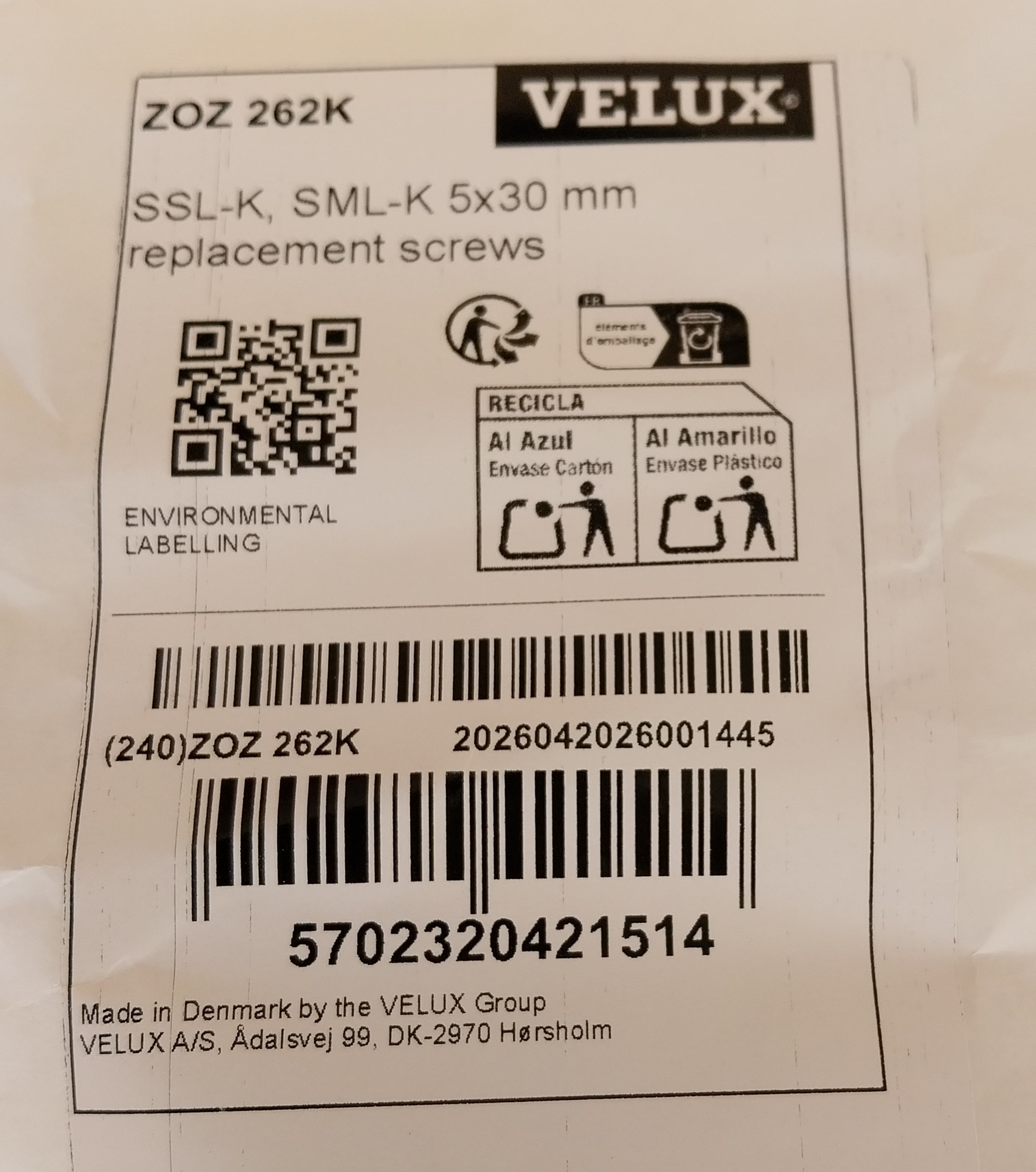 VELUX-Rollladen Montagebeutel ZOZ 262K